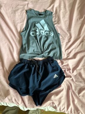 adidas Navy and White Athletic Shorts with Drawstring